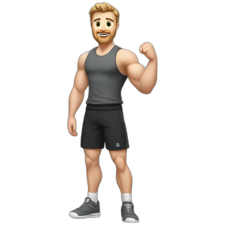 Full height Actively gesturing with hands Pale skinned Fit Man With the biceps and brown hair in dark gray Sleeveless Mike, black oversize sports shorts, watch and white Sneakers emoji