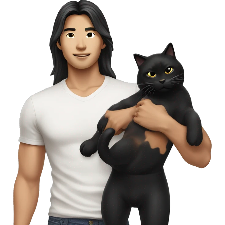Model Long hair Asian man with abs holding black cat emoji