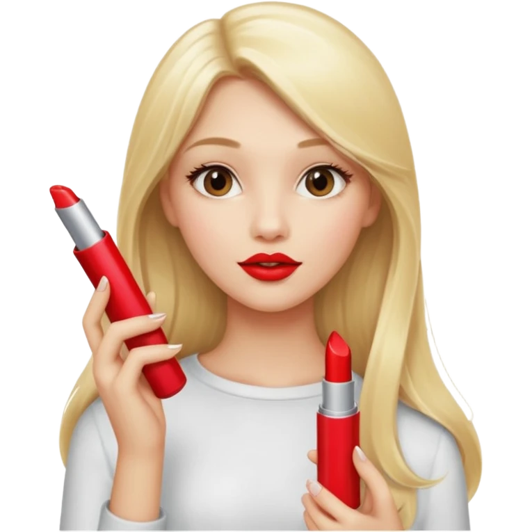 a girl with blonde long hair is holding lipstick on her hand  emoji