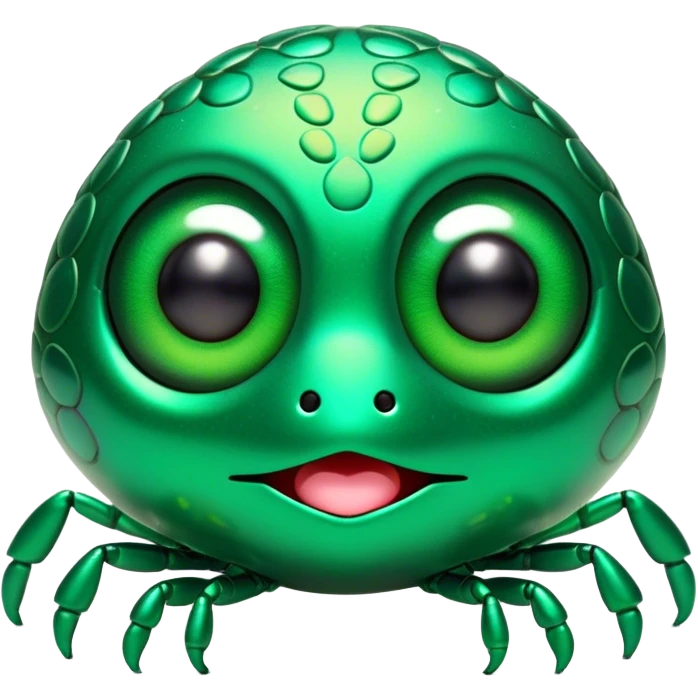 Cinematic Cute Green Bugdie Portrait Emoji, Head tilted playfully and inquisitively, featuring a glossy, vibrant emerald exoskeleton with intricate patterns, round, sparkling multifaceted eyes filled with curiosity, Simplified yet irresistibly adorable features, highly detailed, glowing with a warm, friendly glow, high shine, affectionate and lively, stylized with a touch of whimsy, bright and endearing, soft glowing outline, capturing the essence of a mischievous yet charming bug, so playful it feels like it could buzz out of the screen and into your arms! emoji