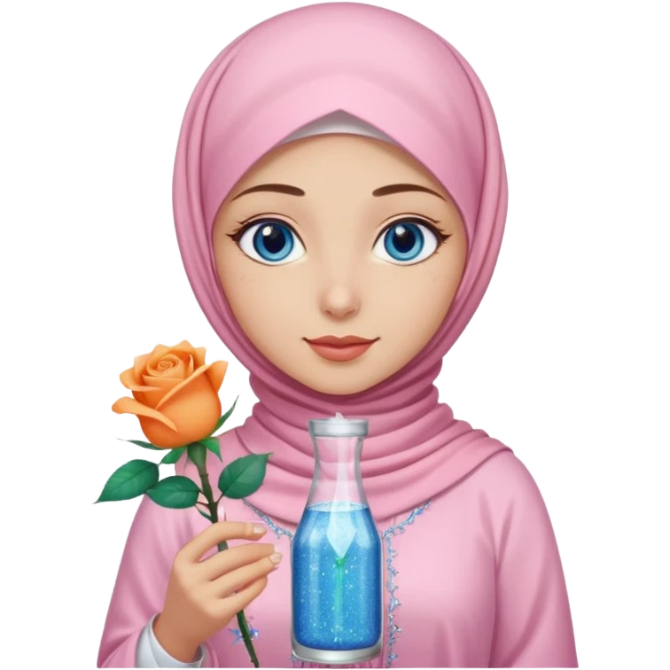 Turkish beautiful finish Konya girl blue eyes with light pink hijab islamic dress and had on her hand Glittery rose mocktail with orange light pink roses emoji