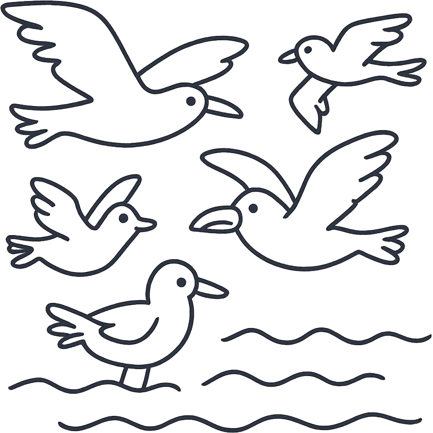 Cartoon coloring book for children. Fly over the sea birds of various species. Black and white line vector illustration. emoji