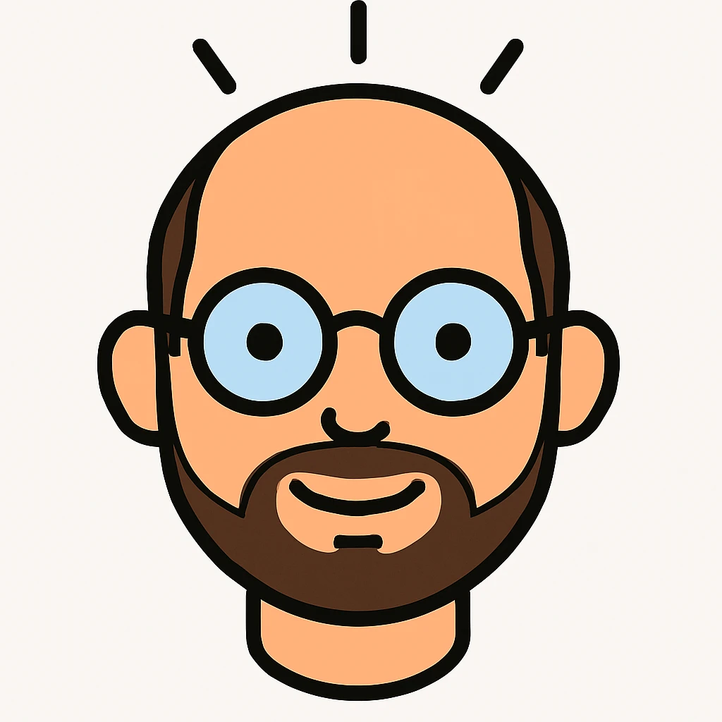 Add a light beard to the face and make the head half bald (not fully bald), keeping the rest of the face unchanged. Preserve the original style and background. The original style is not specified or does not support editing, so maintain the look as is while applying these changes. emoji