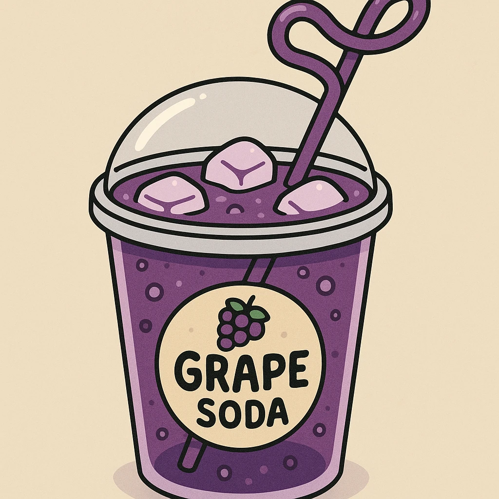 cartoon style illustration of a cup of grape soda with a purple hue, ice cubes, and a fun straw emoji