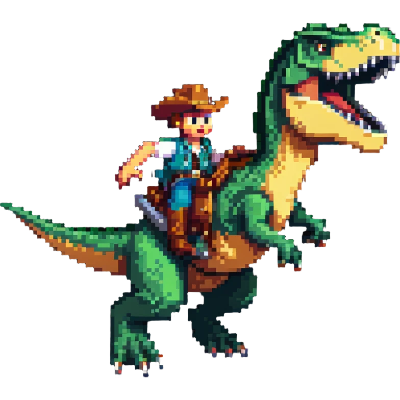 cowboy sliding down the back of a t-rex, dynamic action pose emoji