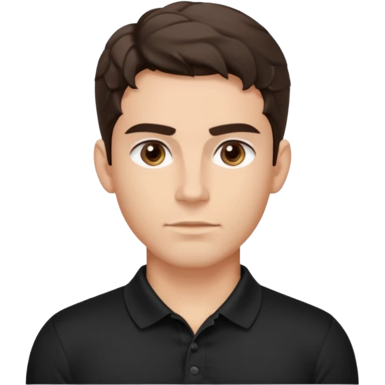 He’s a man with light to medium skin, a defined oval face, full brows, deep-set eyes, and wavy short dark brown tall hair styled with height, sides are trimmed. muscular. expression calm and focused relaxed black polo shirt. polished, articulate, and coach vibe. emoji