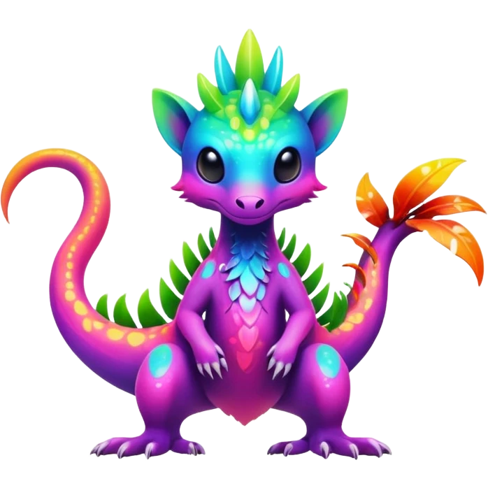 Exotic futuristic lush warm-colored neon tropical Fakémon-Fionbri-creature with cool-colored splash markings  emoji