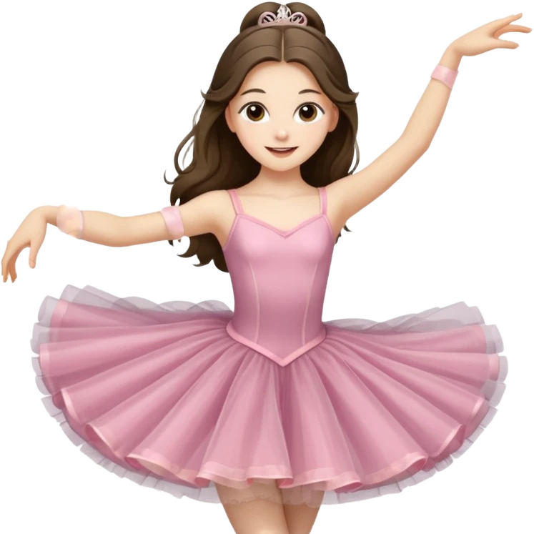 happy pretty white brunette teen long hair with hazel eyes in a ballet costume and point shoes dancing emoji
