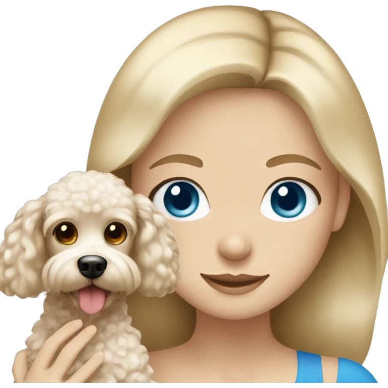 Blonde girl with blue eyes holding poodle with brown and white hair emoji
