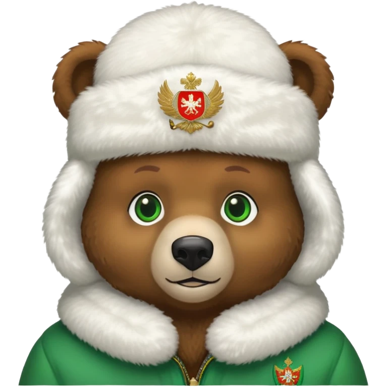Sweet brown bear face with green eyes, white fluffy ushanka hat with very visible Russian Federation coat of arms in center, iOS emoji style emoji