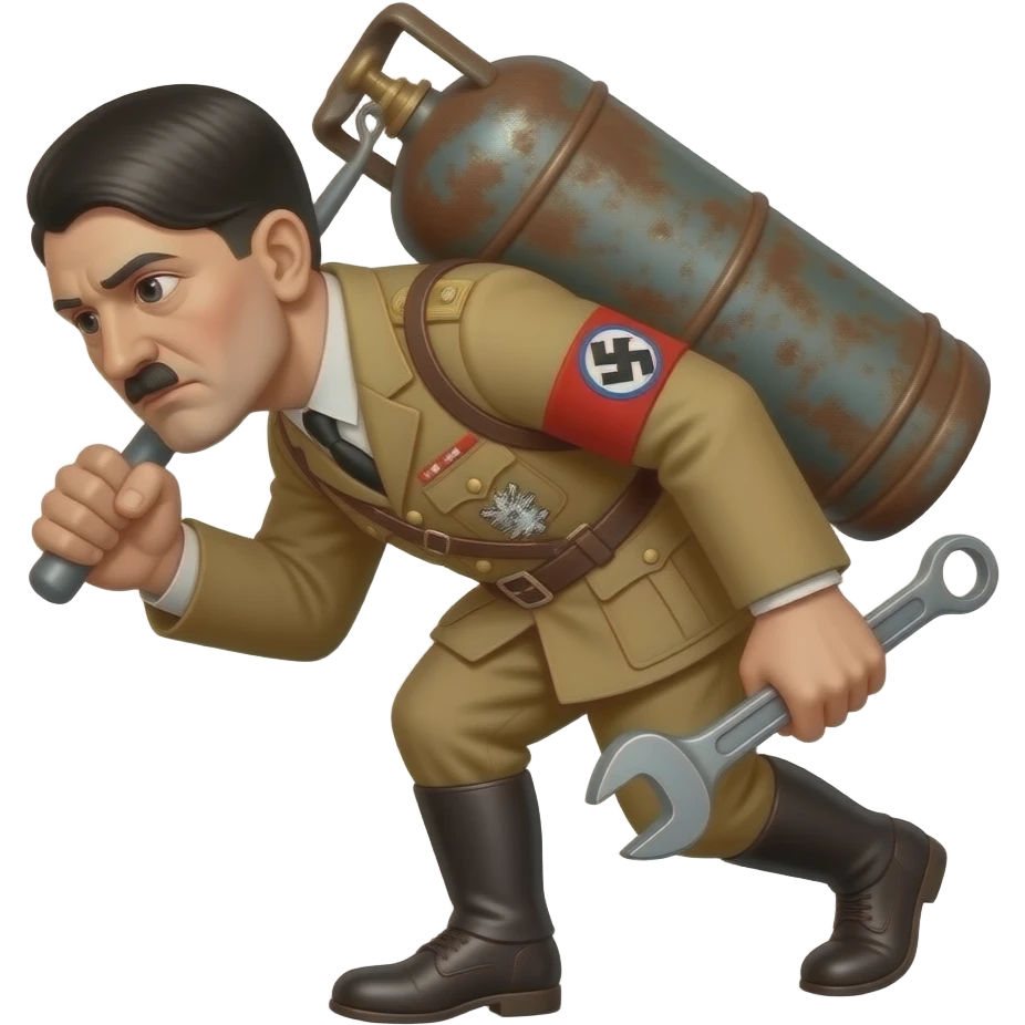 hitler carrying a rusty gas cylinder - the old school one we used to connect to ovens,normal height ones not the extra tall ones- on his back while leaning forward, holding the cylinder on his back with one hand, and holding a wrench on the other hand emoji