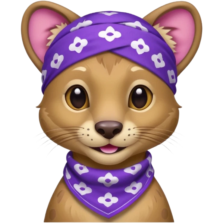 
Fossa animal wearing a bandana on the forehead in purple color with white smiley patterns emoji
