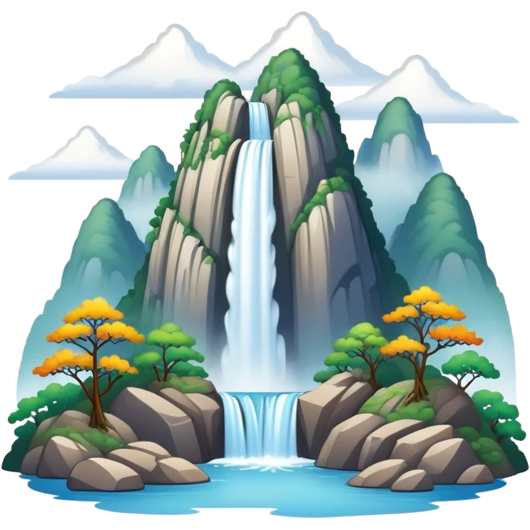 Mount Lu waterfalls and mist Jiangxi, simplified emoji style with bold outlines and bright colors, cartoon style misty mountain with waterfall emoji