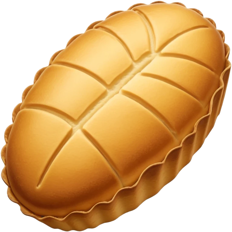 A madeleine pastry. Oval shaped with vertical lines going in the same direction as the oval. Light golden brown. Scalloped edge. Cookie. emoji