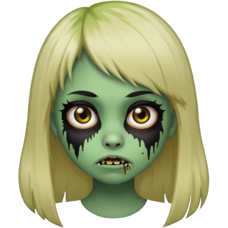 Girl with black hair and raccoon blonde streaks, bangs, light skin, zombie version, pale green skin, emoji style. emoji