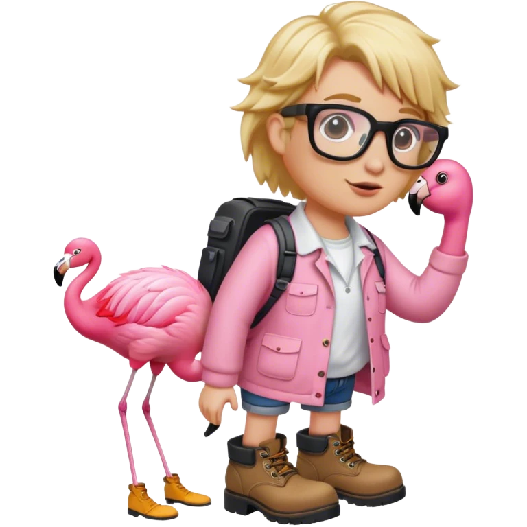 Flamingo with work boots and bushy blond hair and eye glasses emoji