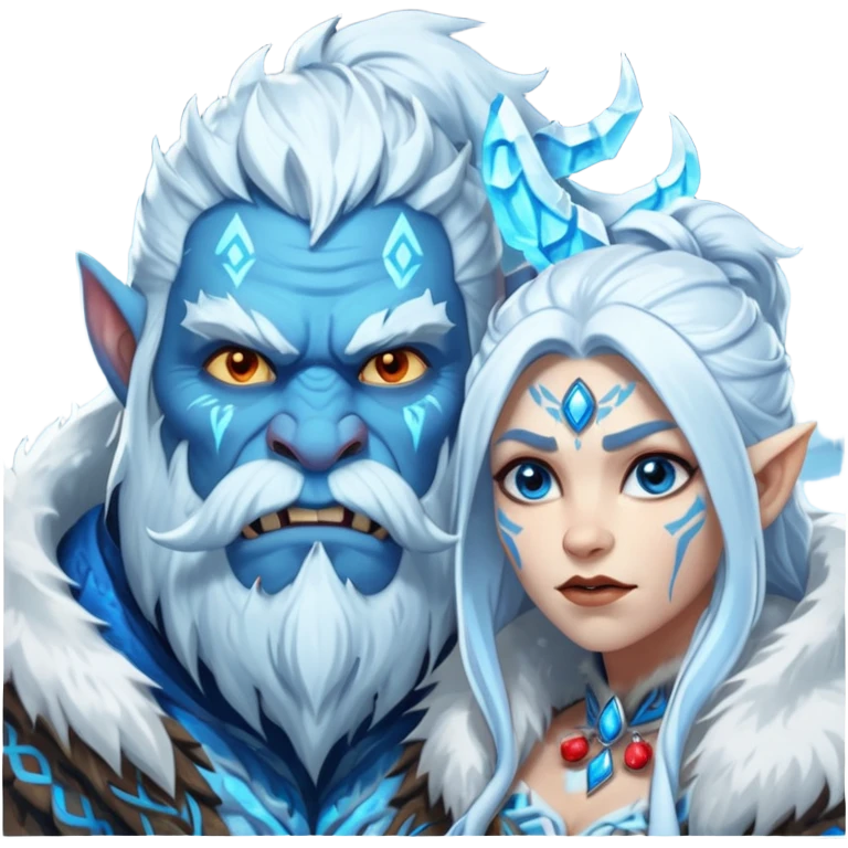 Legendary fantasy orc Christmas portrait icon, Frostfather and Snow Maiden inspired, primal winter god style, massive icy beard, glowing blue eyes, heavy fur coat, tribal frost runes, powerful brutal presence, blizzard atmosphere, clean stylized emoji icon
 emoji