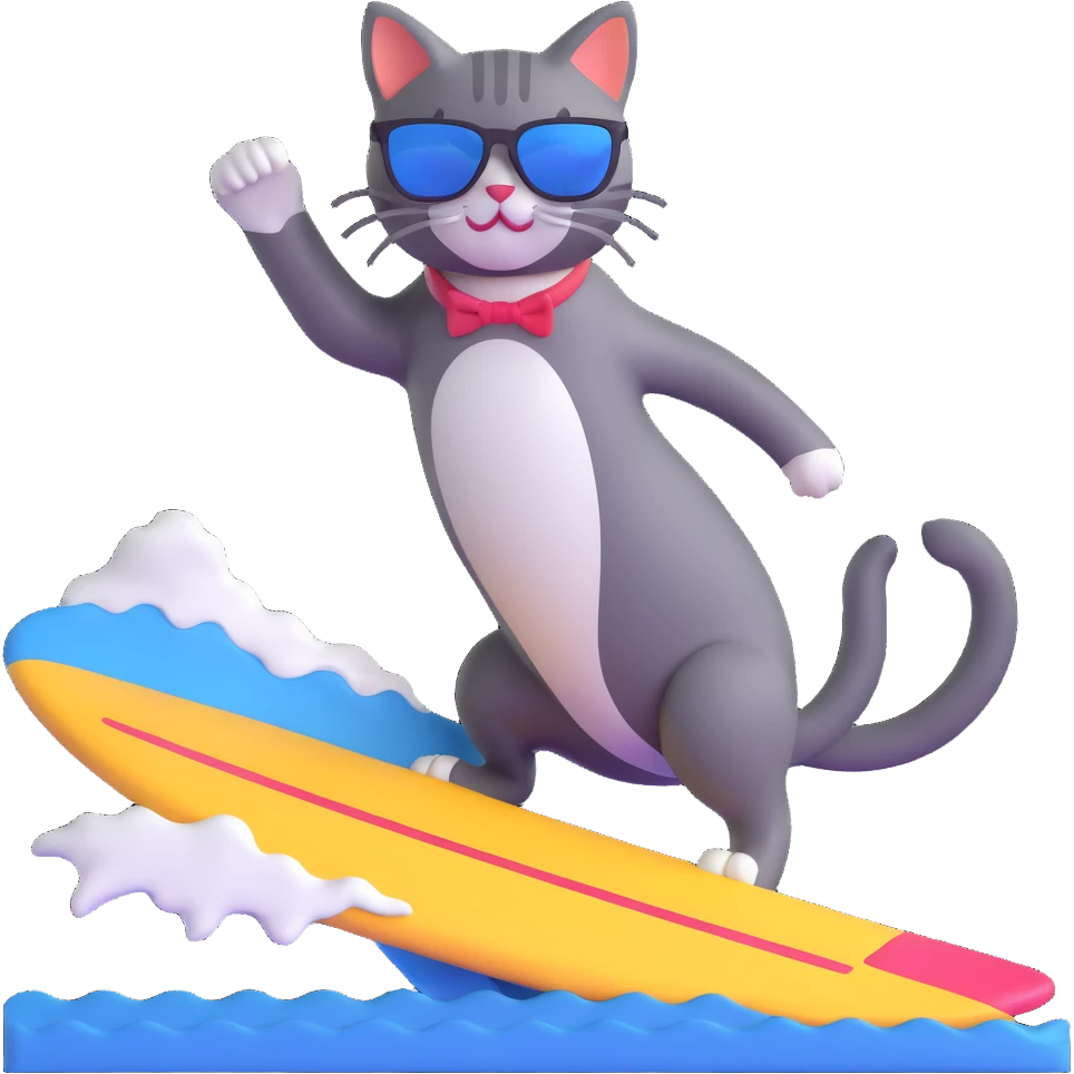 cat with sunglasses surfing a wave emoji