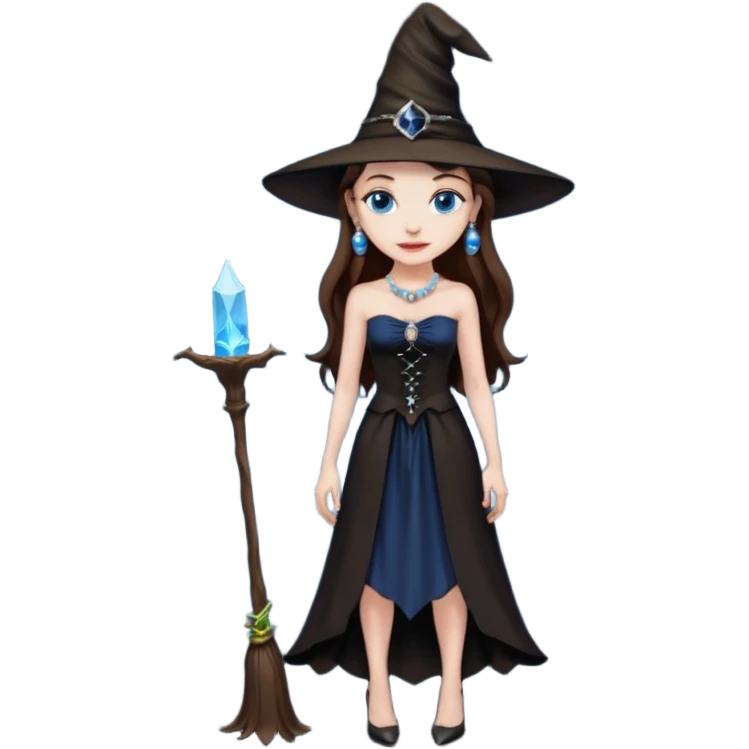 woman brunette, very large breasts, pale skin, blue eyes, long brown hair, black strapless dress, witch hat, pearl earrings, smirking, in black heels, standing, head to toe, full body, zoomed out, entire outfit visible emoji