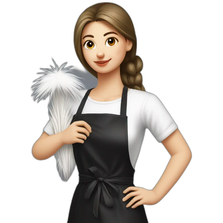 Slavic girl in a white T-shirt and a black apron holds ostrich feathers for dusting emoji