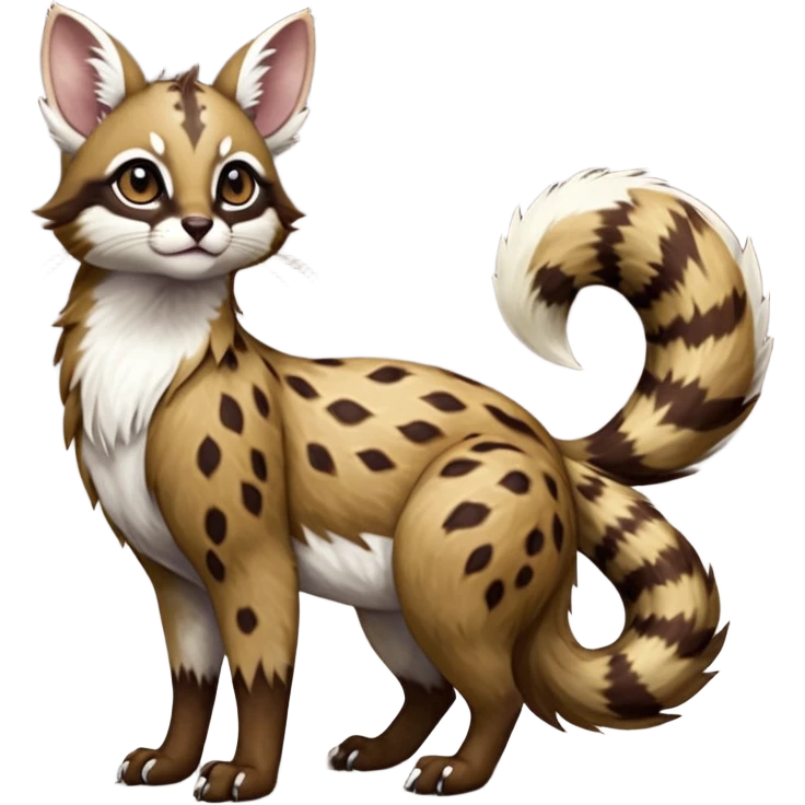 Colorful dark realistic chocolate-brown tropical beige fur glorious divine exotic cute cool beautiful shiny beautiful fantasy-Furret-Eevee-caracal-civet-genet-sergal-vernid-Cacomistle-oncilla-animal-Fakémon-hybrid-fursona with white deer-spots pattern markings (full body) emoji