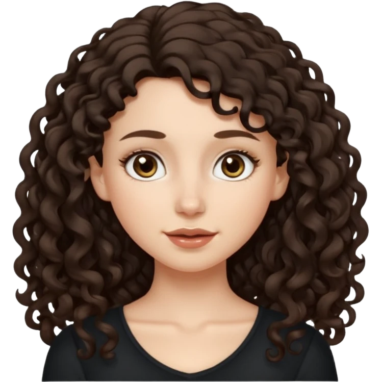 Aesthetic white girl with long curly hair color dark brown (almost black, but more brownish), hair most be in front of the shoulders. Big almond shape eyes color brown, small wide nose, natural lips, sweet expression. Dressed with a cute tight top color black. emoji