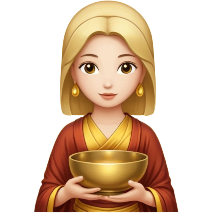 A woman holds a Buddhist bowl in her hands. There is a glow around the girl. emoji