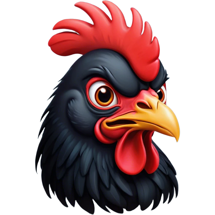 Cinematic Comical Black Rooster Portrait Emoji, Head tilted dramatically with an exaggeratedly shocked or amused expression, featuring a striking pure black plumage with a bold red comb, wide, expressive eyes filled with playful disbelief, Simplified yet hilariously expressive features, highly detailed, glowing with a slightly sassy glow, high shine, dramatic yet playful, stylized with an air of cheeky mischief, bright and endearing, soft glowing outline, capturing the essence of a spirited and over-the-top rooster, so meme-worthy it feels like it could crow its way into internet fame instantly! emoji