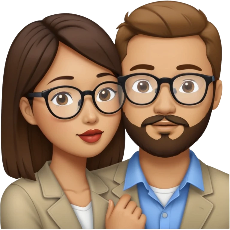 Asian American woman kissing a white guy with brown hair and the white guy has beard stubble and white guy has glasses and Asian American woman does not have glasses emoji