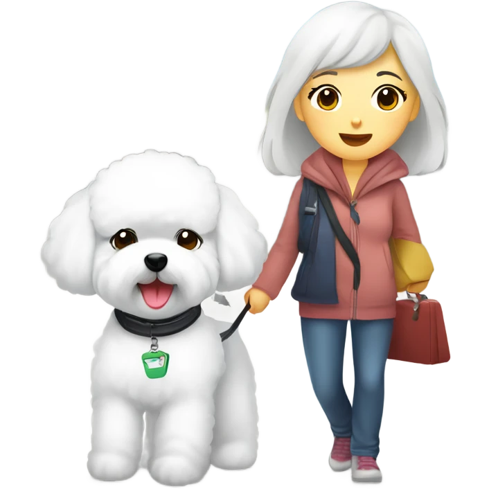A cute korean style bichon frise with a Asian woman at the airport  emoji