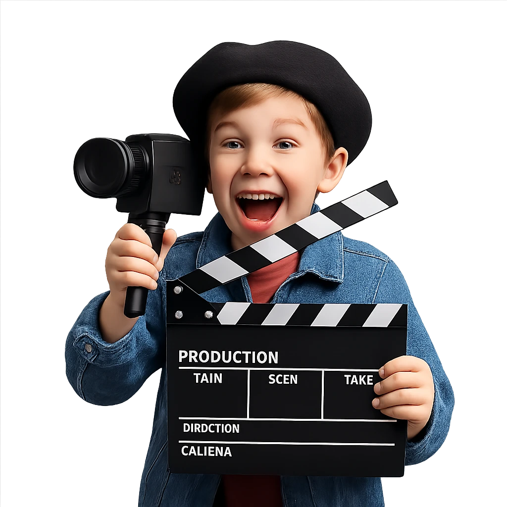 a child boy acting as a filmmaker, with a clapperboard, excited face emoji