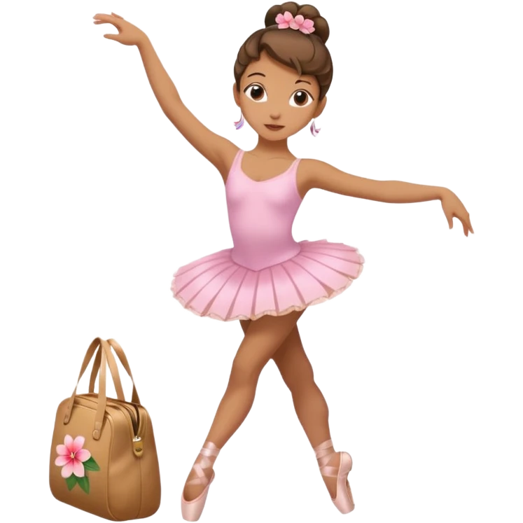 girl with a Hawaiian flower in her hair, wearing ballet pointe shoes, doing ballet with a bag, colorful background emoji
