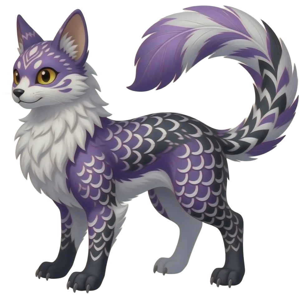 Tribal-patterned majestic feathery elegant realistic stylish Furry, feathery fluffy tropical flecked painted feathery scaly, Purple, white, black, Minccino-Bambino-Lykoi-Linoone-Zangoose-fusion-hybrid-animal-Fakémon-creature, full body, thin long sleek scaly tail, intricate markings emoji