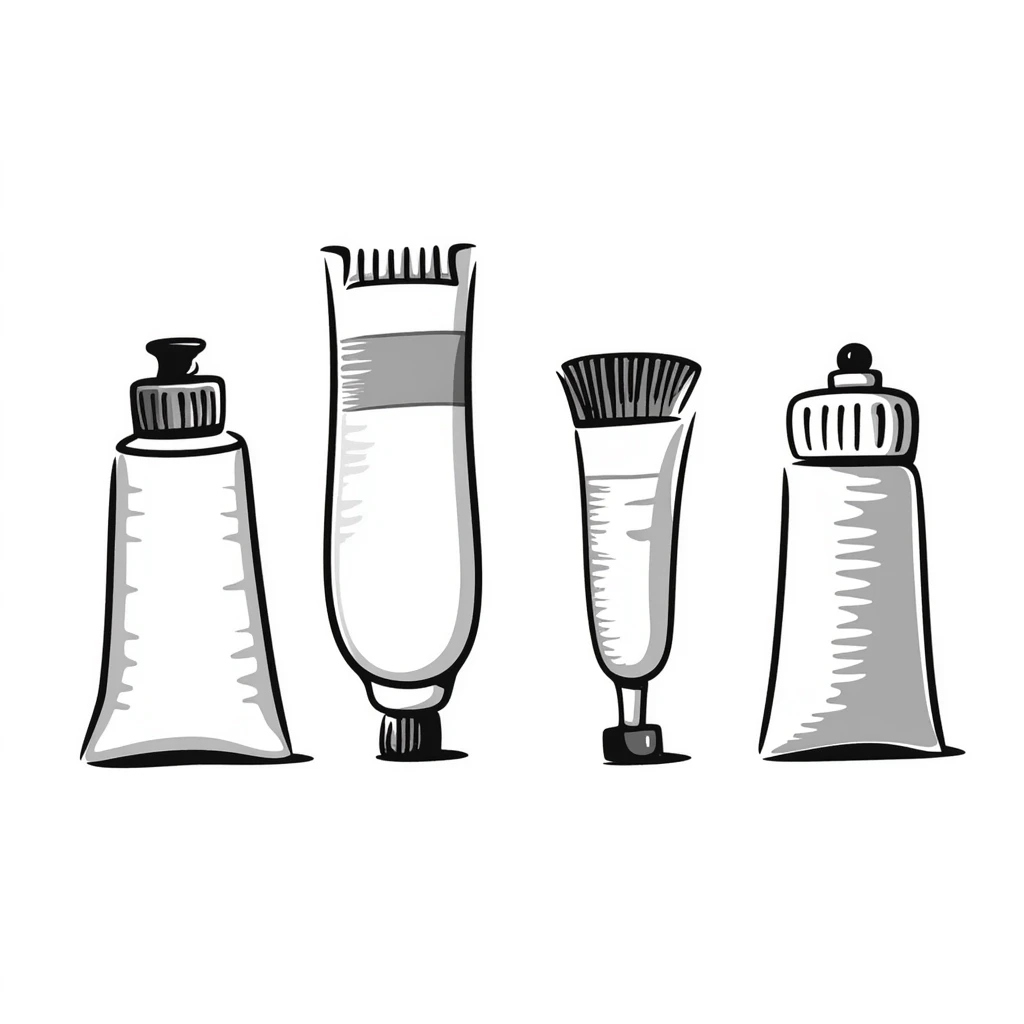 Set of artist's paint tubes with different sizes and caps. Some tubes are squeezed in the middle. Using specific pastel colors (dd9fb0, ffc6d3, a3bfc9, c4bee2, f1b091). Hand-drawn doodle style with intricate details. Transparent background. emoji