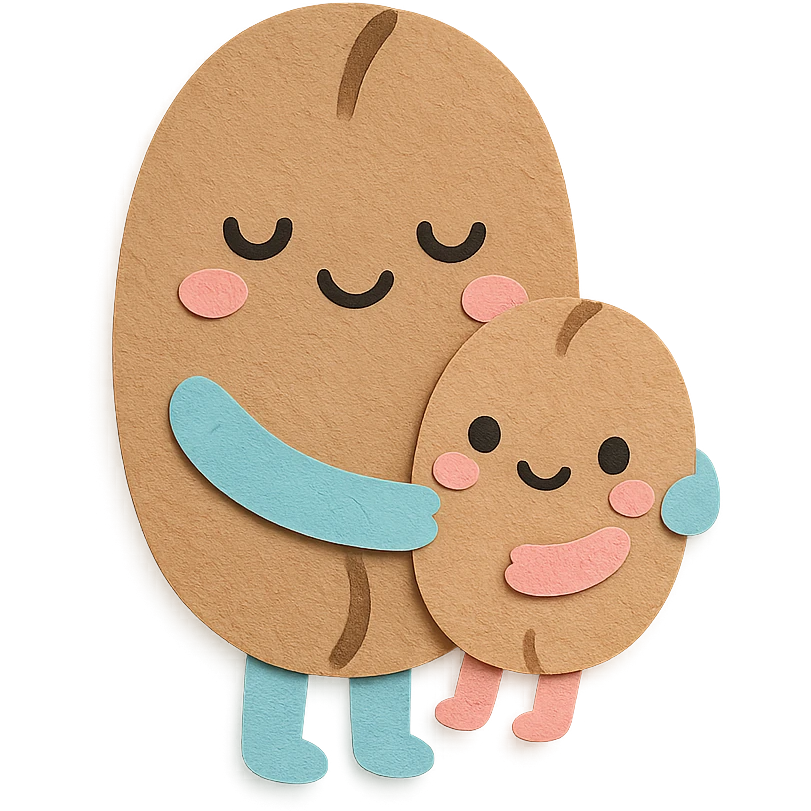 kawaii coffee bean character family, big bean hugging small bean, soft pastel colors, full body emoji
