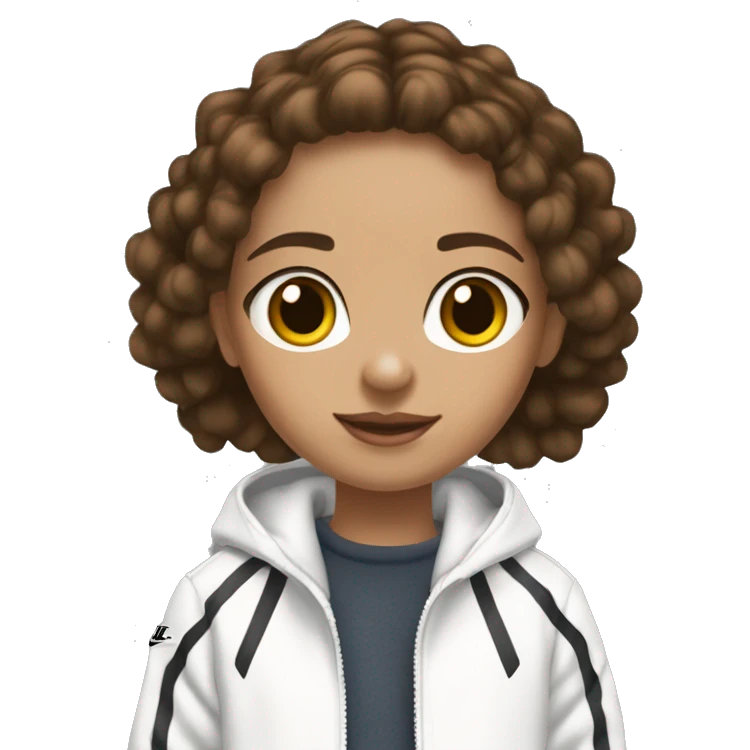 brown haired girl with highlights,  brown eyes, straight low rise jeans, white adidas track jacket, nike shox tl shoes in black emoji