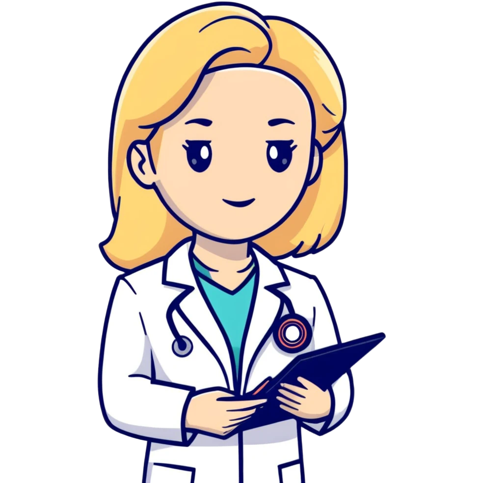 blonde female doctor in white coat with clipboard emoji