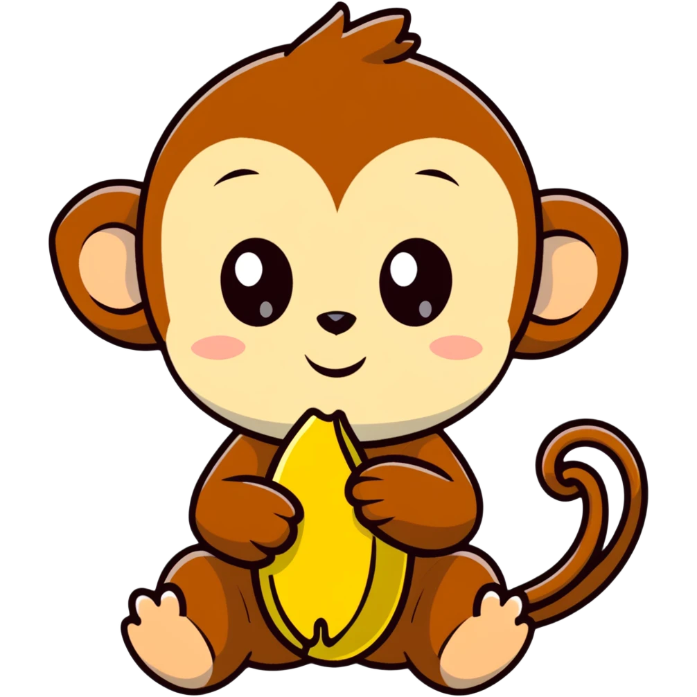 super kawaii baby monkey with big shiny eyes and tiny paws carefully peeling a banana emoji