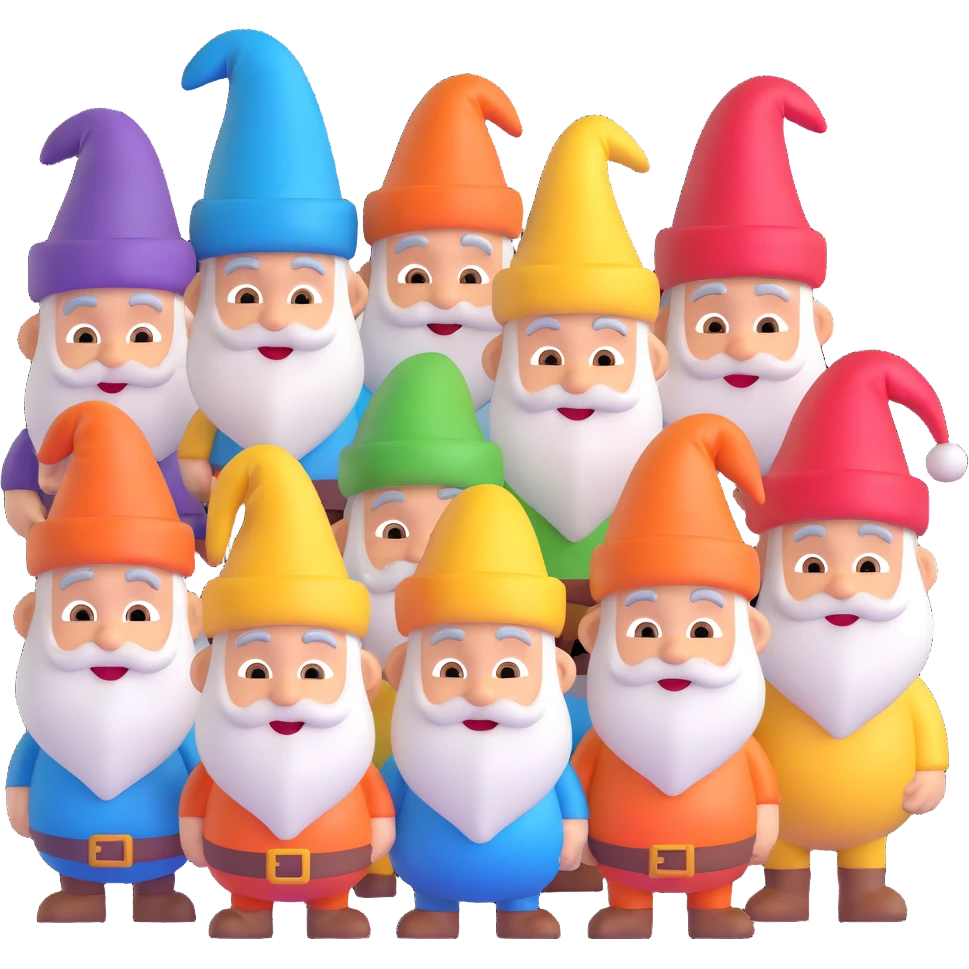 group of all seven dwarfs together inspired by Snow White, each dwarf with a unique expression and colorful hats, 3D emoji style emoji