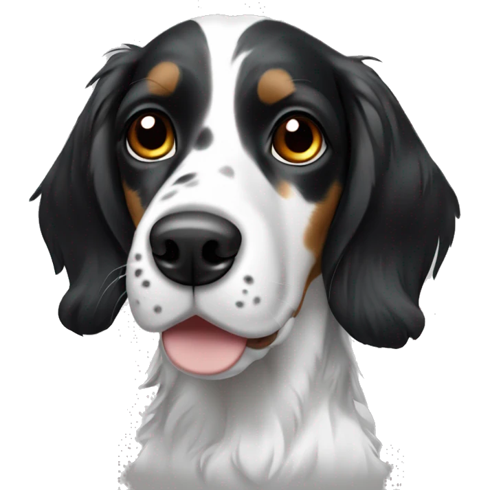 English Setter face, brown eyes, black face and ears, white patch on right cheek, white patch on top of head, ONLY BLACK AND WHITE emoji
