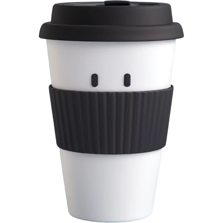 3D emoji style to-go coffee cup, white cup, black lid, black heat protector sleeve, no face, no text emoji