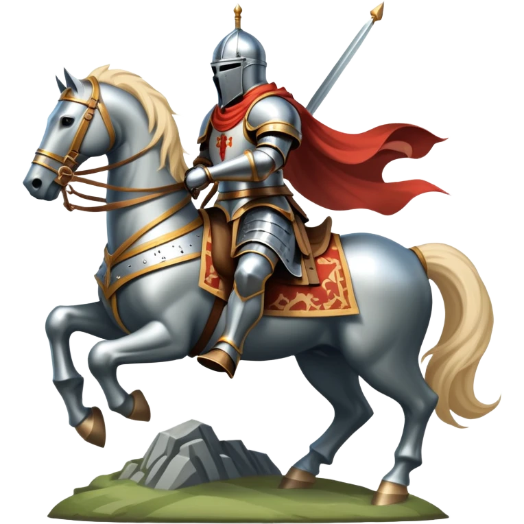 An icon representing an adventure game, inspired by medieval fantasy worlds. The design features a noble knight in gleaming armor, riding a powerful warhorse through a misty battlefield. The backdrop includes towering castles and banners flying in the wind, evoking a sense of honor, duty, and epic quests. Transparent background. emoji