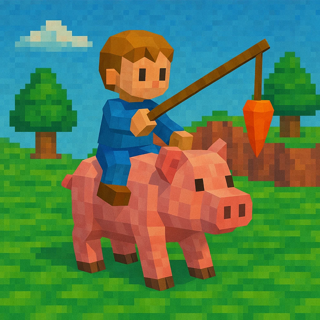 Child riding a pig with a carrot on a stick.
 emoji