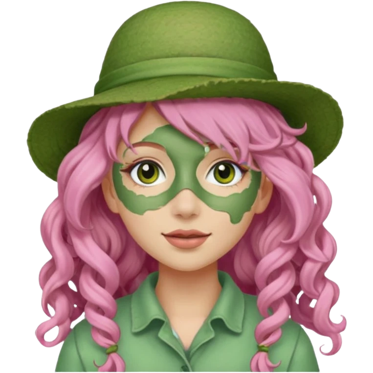 pink haired very long curly haired woman with full full face green clay mask and a hat emoji
