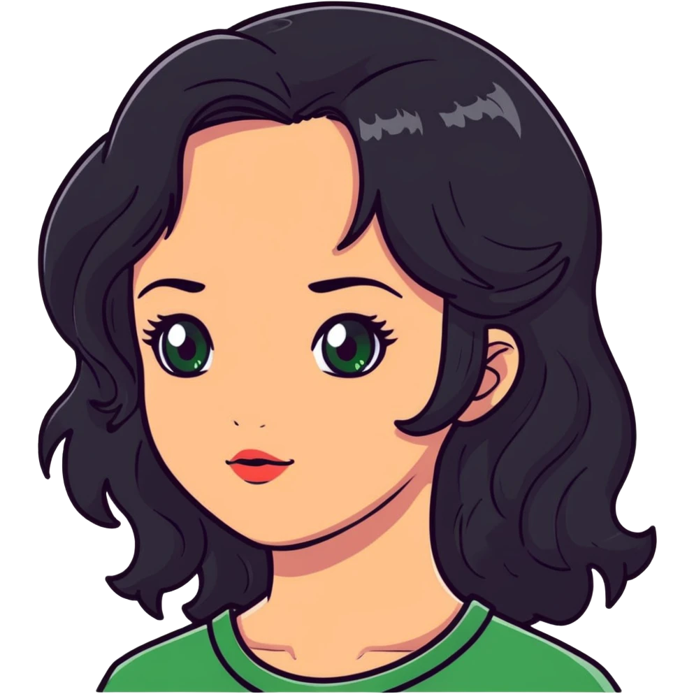 girl with green eyes, white skin, wavy black hair, red hair at the back of her neck emoji