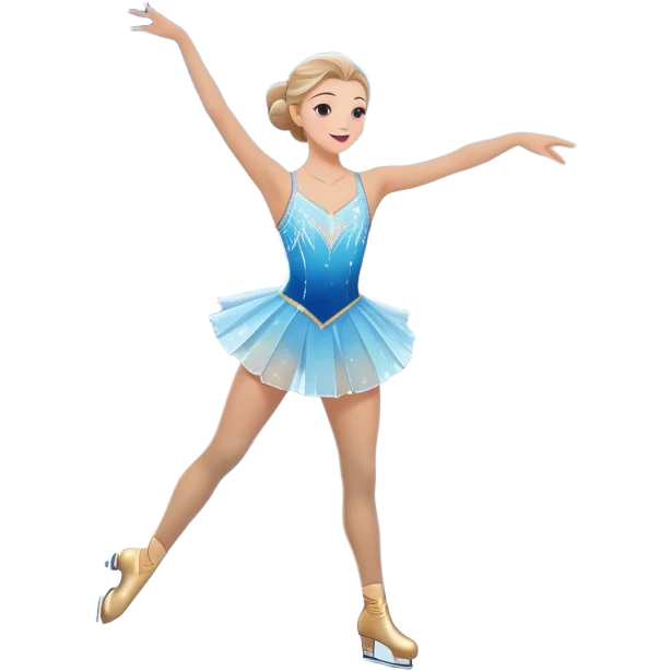 An icon featuring a graceful figure skater performing a spin on a sparkling ice rink. The scene includes a shimmering rink, colorful spotlights, snowflakes gently falling from the sky, and an audience in the stands, with a snowy landscape visible through large windows. Transparent background. emoji