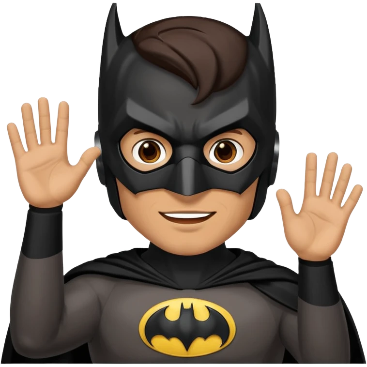 Make a man with brown eyes and dark hair in a Batman costume and mask waving "hello" emoji