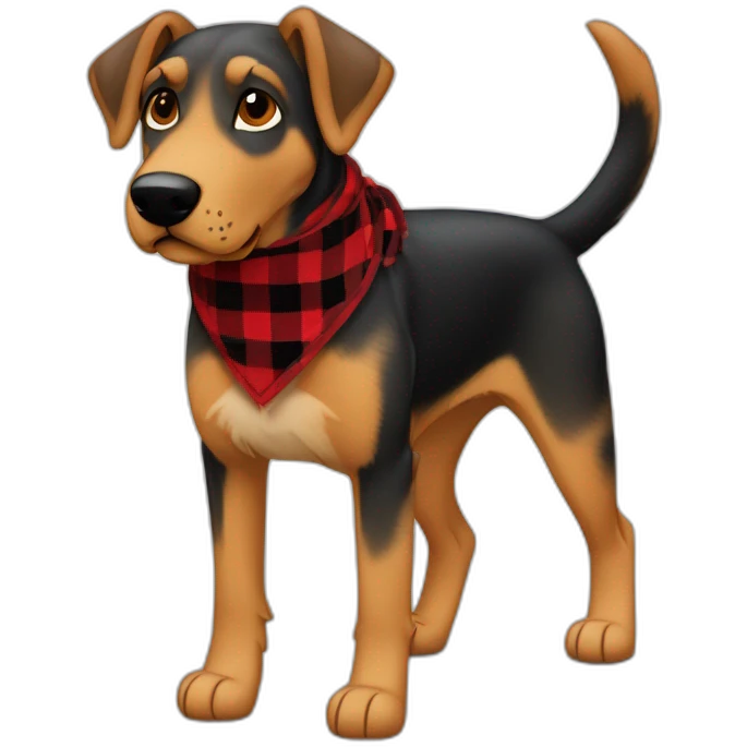adult 75% Coonhound 25% German Shepherd mix dog with visible tail wearing small pointed red buffalo plaid bandana full body walking left quickly emoji
