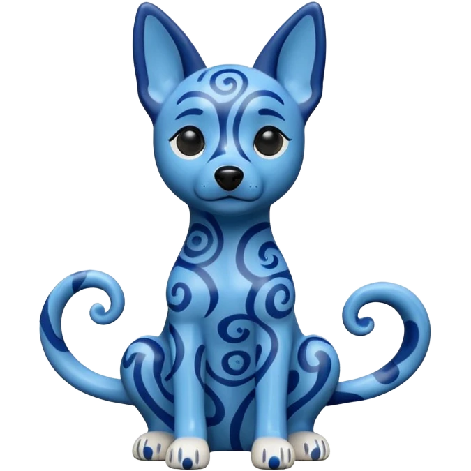 The image is of a small figurine of a blue dog. The dog is sitting on its hind legs with its front paws stretched out in front of it. The body of the dog is covered in a pattern of blue and black swirls, giving it a textured appearance.  emoji