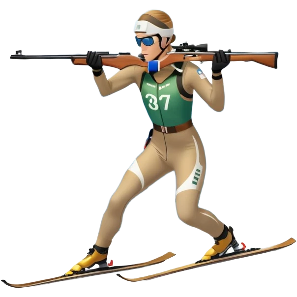 An icon featuring snow-covered trees, distant mountains, and a clear blue sky with a biathlete in motion, holding a rifle and skiing across a snowy course. Transparent background highlights the precision, endurance, and excitement of biathlon. emoji